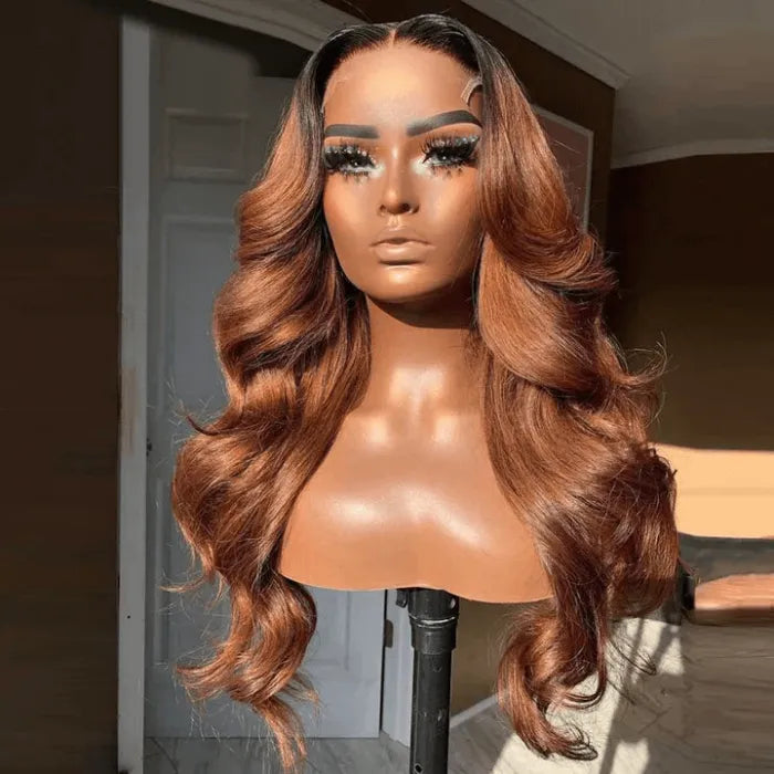 5x5 HD Lace Closure Wig Melted Hairline Dark Roots With Light Auburn Straight Body Wave