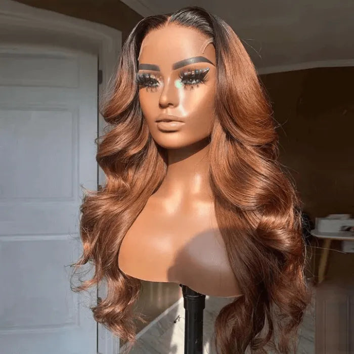5x5 HD Lace Closure Wig Melted Hairline Dark Roots With Light Auburn Straight Body Wave