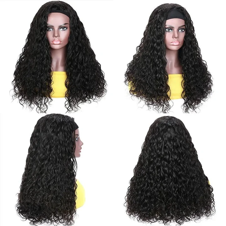 RoseHair Super Fashion Headband Wig Water Wave Human Virgin Hair Wig With Free Scarf Natural Color Wig - Rose Hair