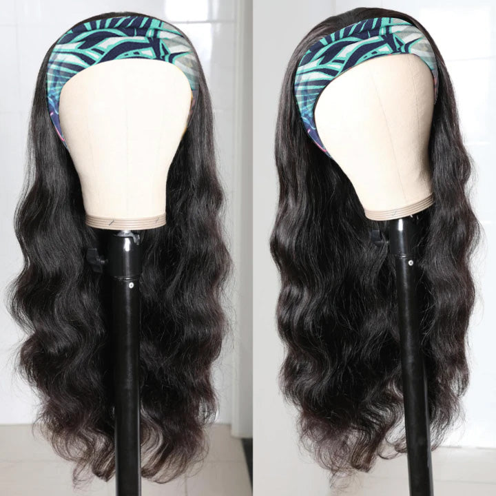 RoseHair Body Wave Headband Wig Glueless Human Hair Wig With Pre-attached Scarf Half Wig 150% Density - Rose Hair