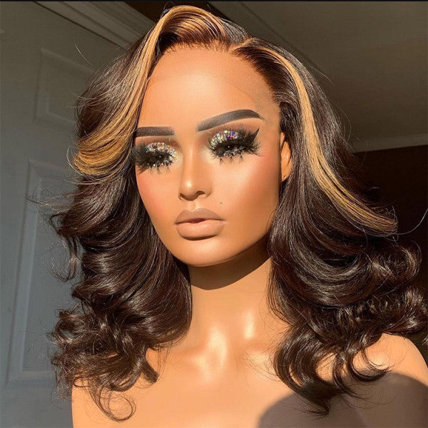 Highlight Bob Wigs Short Body Wave Bob Lace Front Wigs With Blonde Highlights In Front