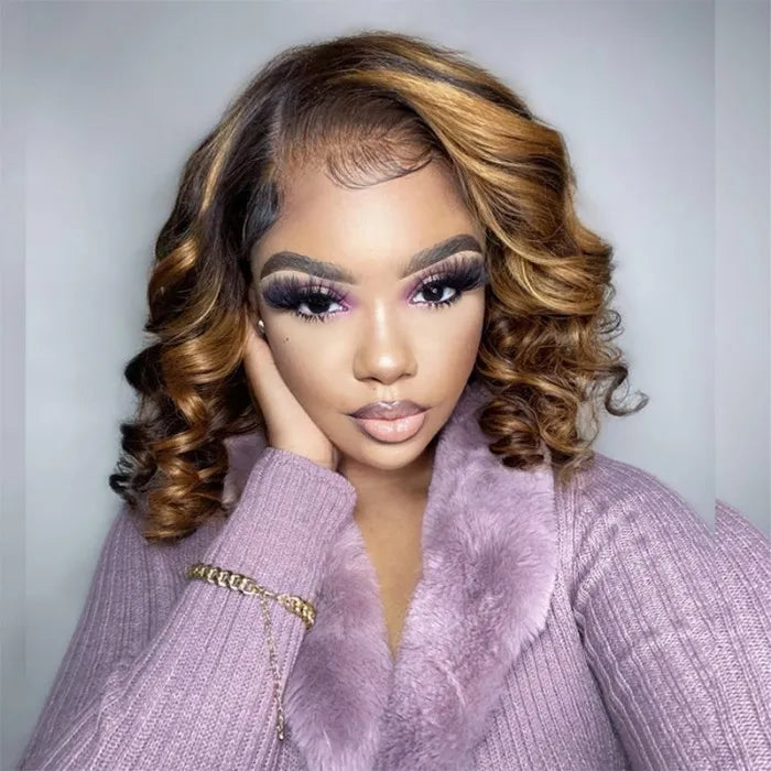 Honey Blonde Skunk Stripe Lace Frontal Bob Human Hair Black Wig with Highlights