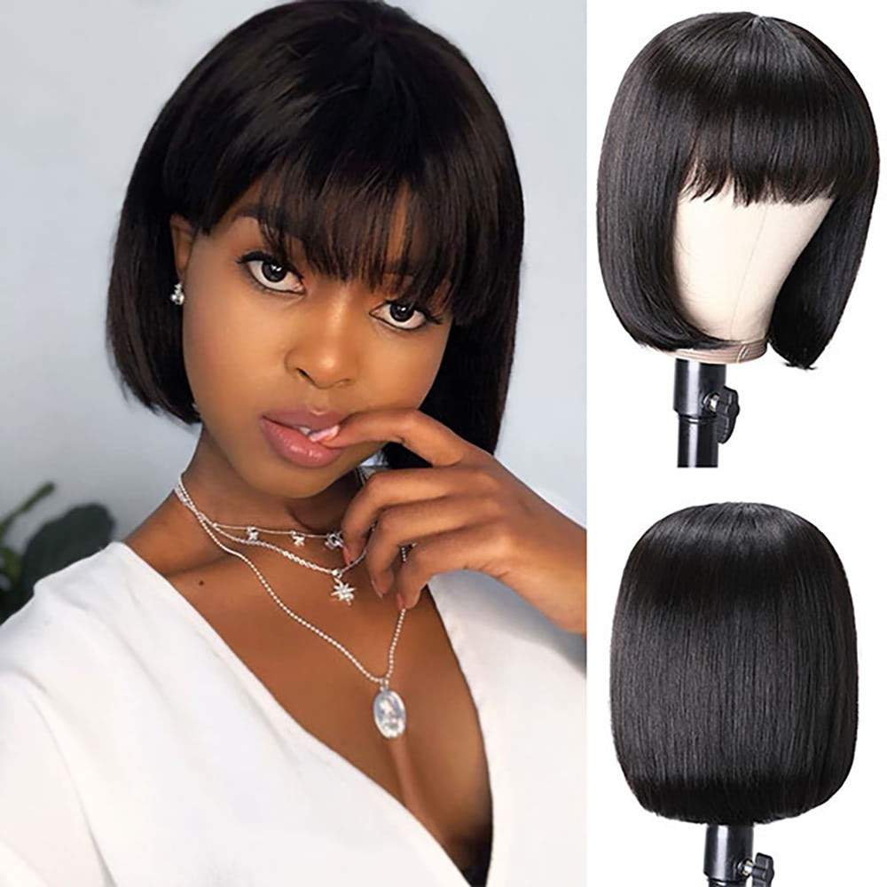 RoseHair 15A Brazilian Straight Hair Human Hair Wig Bob Wig With Free Part Bangs Machine Made Glueless Breathable Wig Supper Soft Affordable - Rose Hair