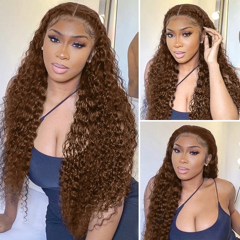 Jerry Curly Chocolate Brown Colored Middle Part 4x4 Lace Closure 150% Density Human Hair Wigs For Women