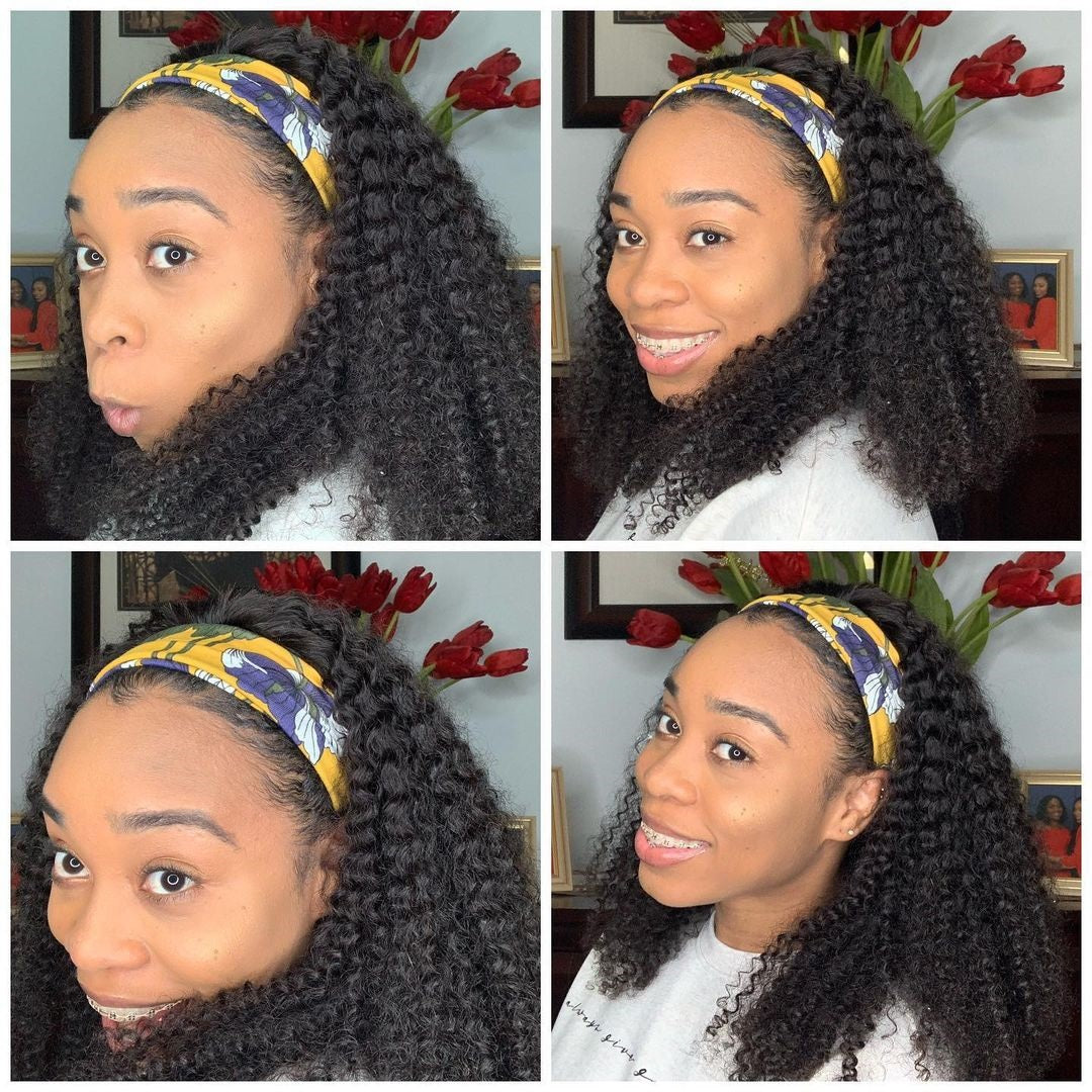 RoseHair Super Fashion Headband Wig Kinky Curly Human Virgin Hair Wig With Free Scarf Natural Color Wig - Rose Hair