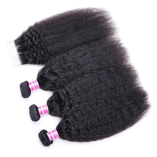 Malaysian Kinky Straight Hair 3 Bundles with 4*4 Lace Closure 100% Human Hair Weaving