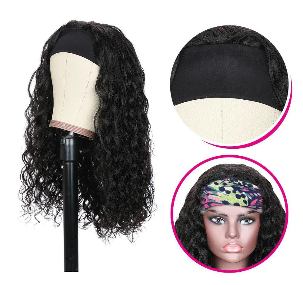 RoseHair Super Fashion Headband Wig Water Wave Human Virgin Hair Wig With Free Scarf Natural Color Wig - Rose Hair