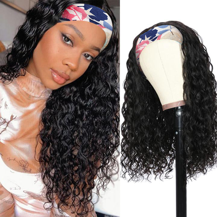 RoseHair Super Fashion Headband Wig Water Wave Human Virgin Hair Wig With Free Scarf Natural Color Wig - Rose Hair