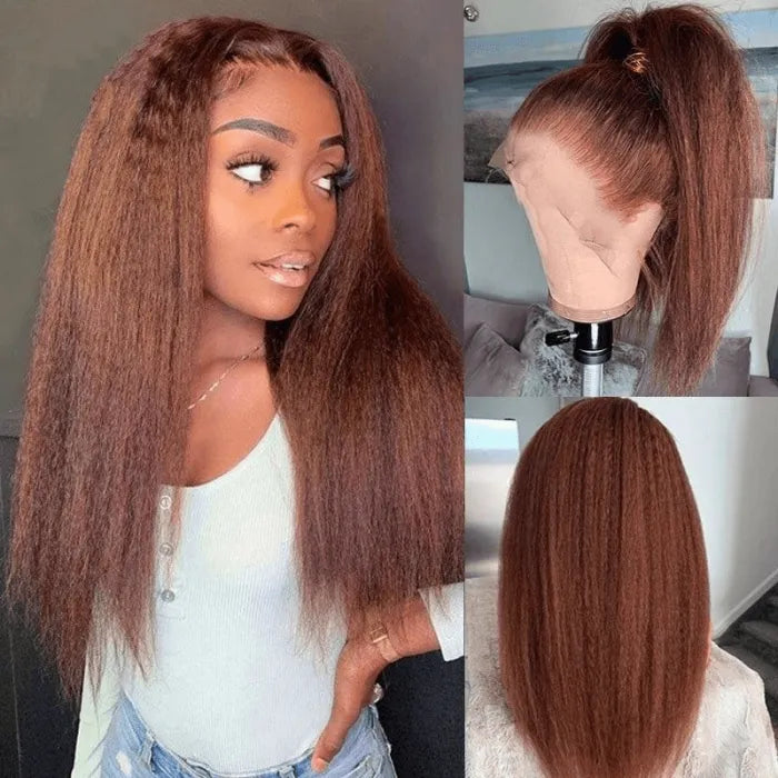 Rose Hair Reddish Brown Kinky Straight 4C Hair 13x4 Lace Front Wig 150% Density