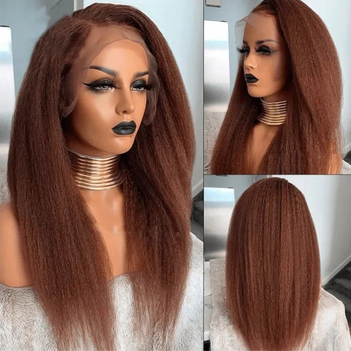 Rose Hair Reddish Brown Kinky Straight 4C Hair 13x4 Lace Front Wig 150% Density