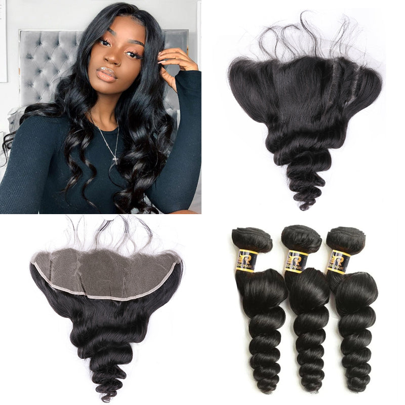 10A Grade Loose Wave Pre Plucked 13x4 Ear to Ear Lace Frontal with 3 Bundles Best Brazilian Virgin Hair - Rose Hair