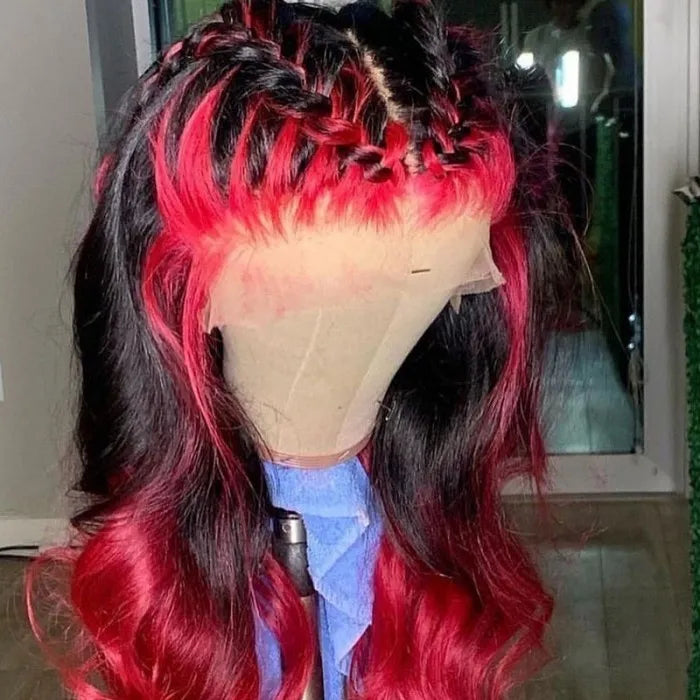 Dark Burgundy With Rose Red Highlights Body Wave 13x4 HD Lace Wigs Free Part Rose Hair