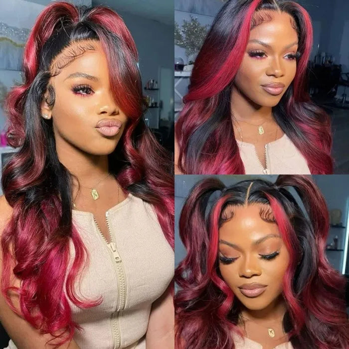 Dark Burgundy With Rose Red Highlights Body Wave 13x4 HD Lace Wigs Free Part Rose Hair