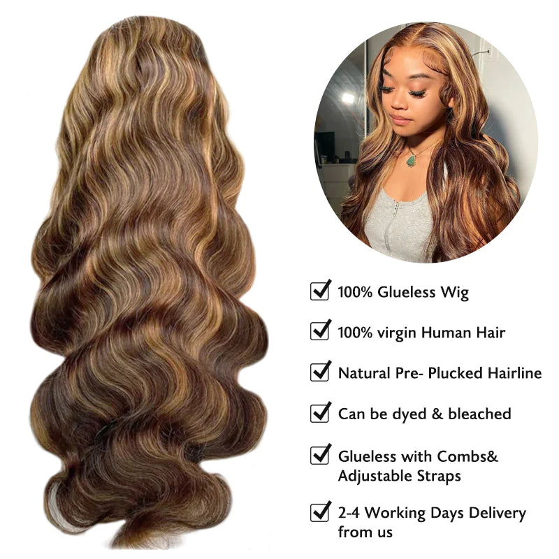 13x4 HD Lace Front Body Wave Wig Honey Blonde Piano Highlights Human Hair Wigs Free Part