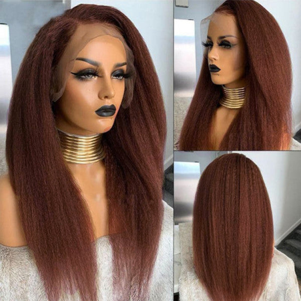 Rose Hair Kinky Straight Reddish Brown Color 13x4 Lace Front Wig With Natural Hairline