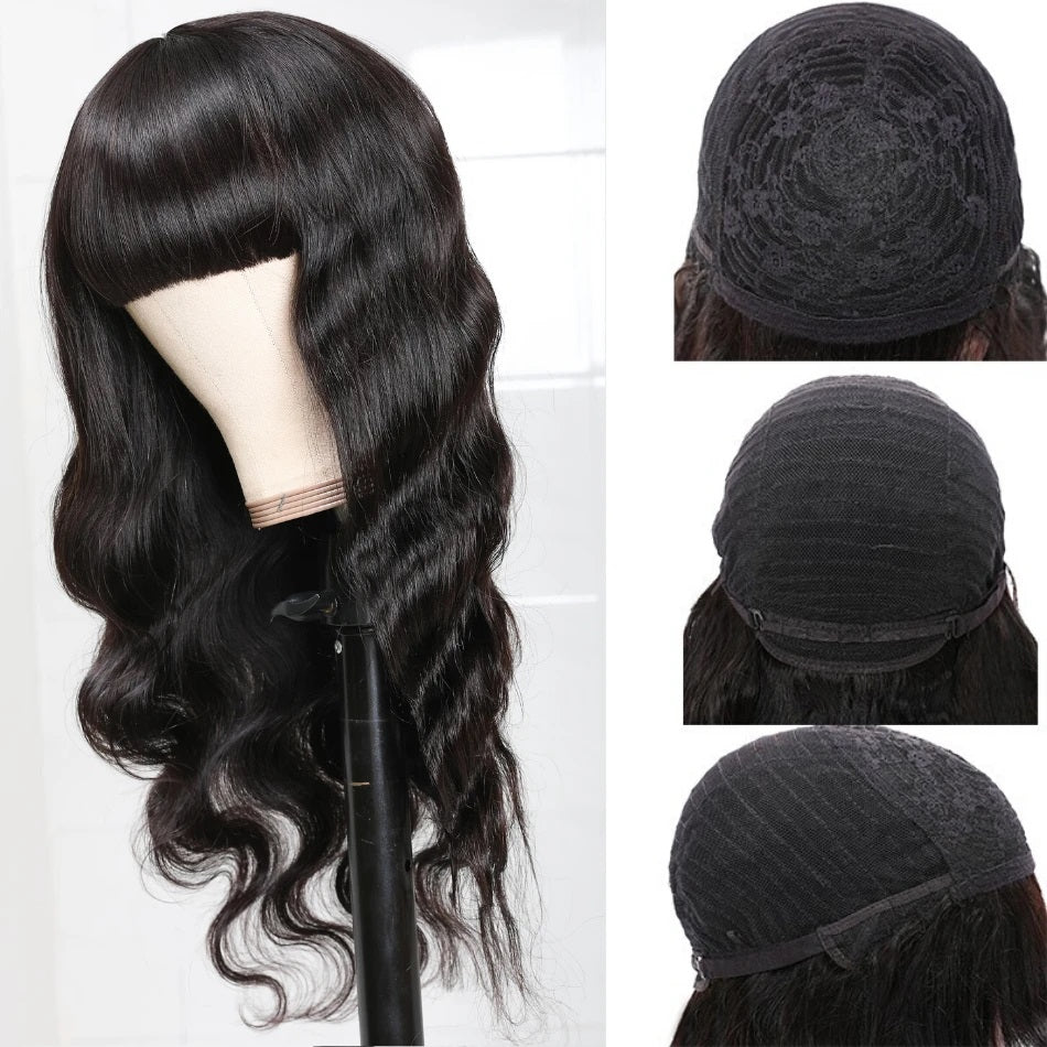 RoseHair 15A Brazilian Body Wave Human Hair Wig With Free Part Bangs Machine Made Glueless Breathable Wig Supper Soft Affordable - Rose Hair