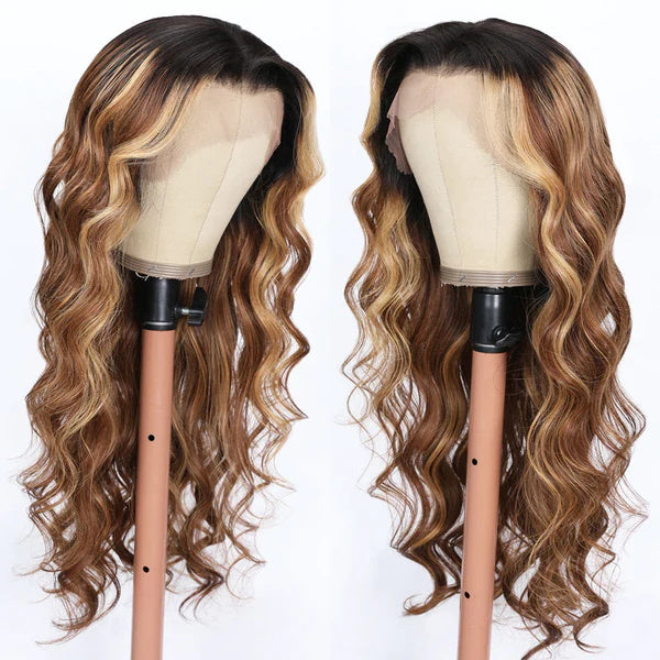 Rose Hair Loose Wave 13x6 HD Lace Front Wig Ombre Brown Highlight Color Flash Sale