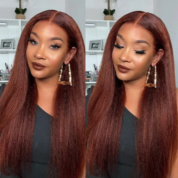 Rose Hair Kinky Straight Reddish Brown 13x6 HD Lace Front Wig Human Hair For Women