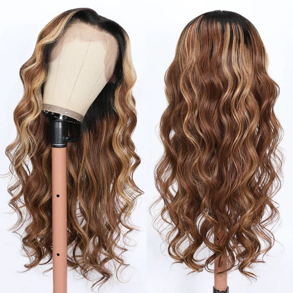 Rose Hair Loose Wave 13x6 HD Lace Front Wig Ombre Brown Highlight Color Flash Sale