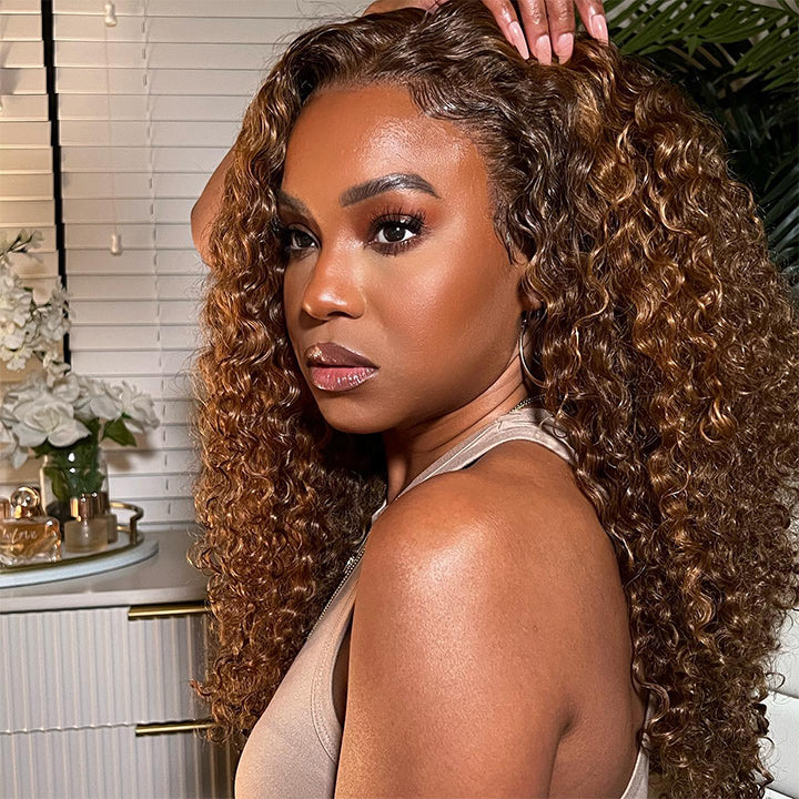Highlight Piano Color 250% High Density Curly 6x6 HD Lace Closure Wig Highlight Brown And Blonde Human Hair Wigs