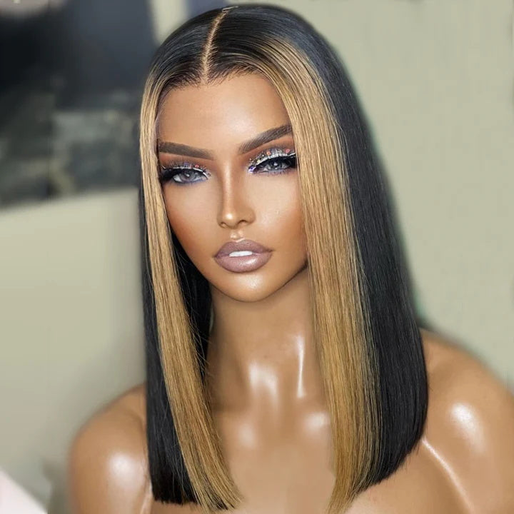 Rose Hair Skunk Stripe Blond Highlight Straight 13x4 Lace Bob Wig Human Hair Wig