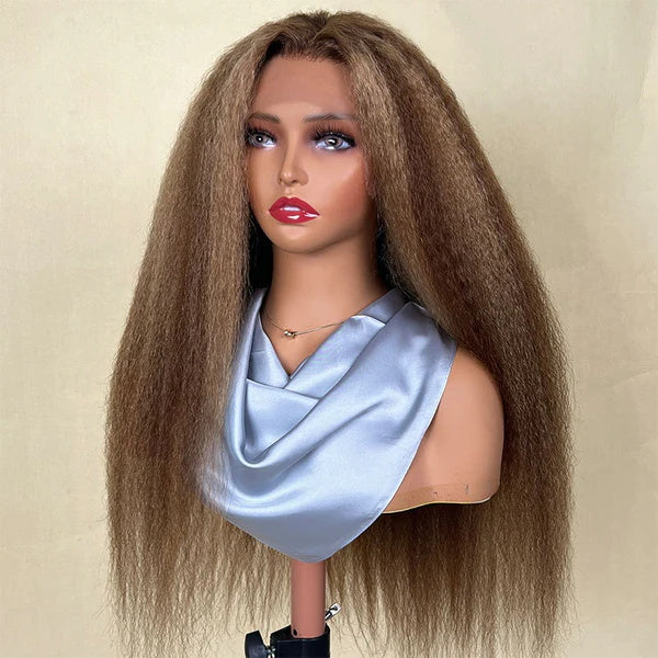 Rose Hair Honey Blonde Highlight Kinky Straight 13x4 Lace Front Wig With Baby Hair Pre Plucked 100% Virgin Human Hair