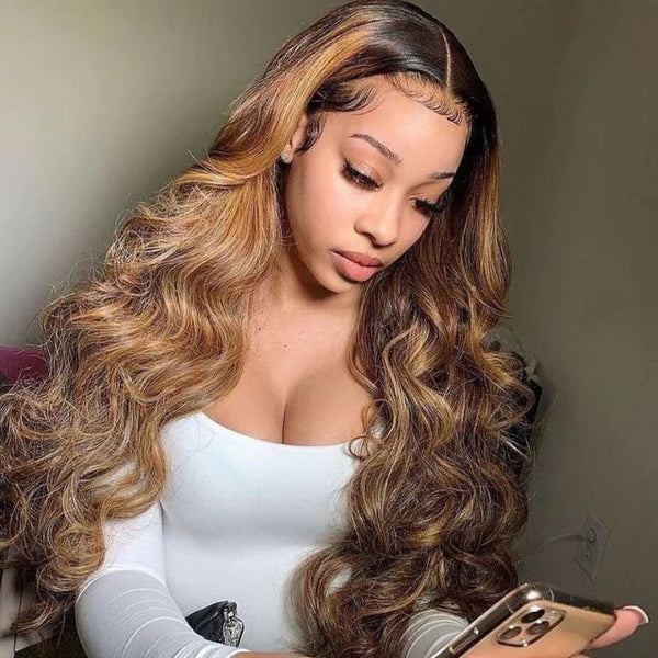 Rose Hair Loose Wave 13x6 HD Lace Front Wig Ombre Brown Highlight Color Flash Sale