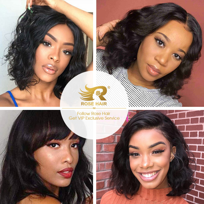 Body Wave Short Bob Wigs 13x4 Brazilian Lace Front Human Hair Wigs Pre Plucked Hairline 150% Density - Rose Hair