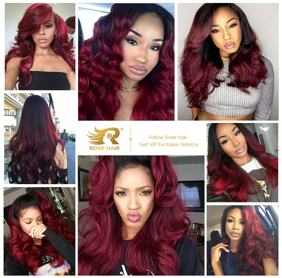 Rose Hair Human Virgin Hair Burgundy Red Color Lace Frontal Wig Body Wave Wig - Rose Hair