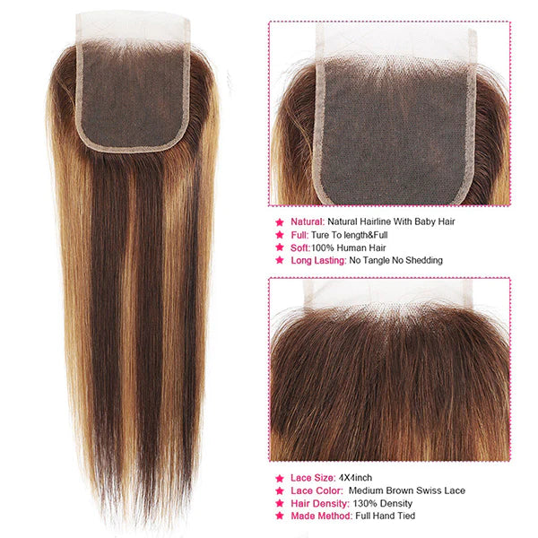 Honey Blonde Highlight Straight Human Hair Weave 3 Bundles with 4x4 Lace Closure P4/27