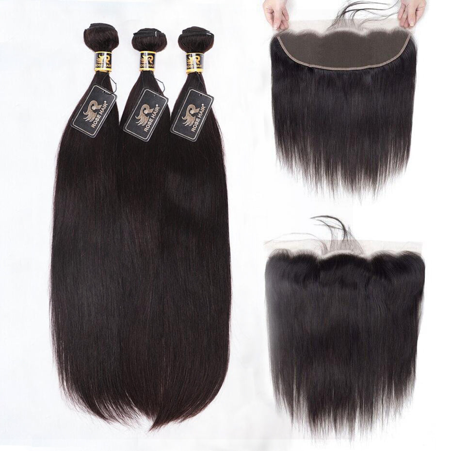 10A Grade Straight Pre Plucked 13x4 Ear to Ear Lace Frontal with 3 Bundles Best Brazilian Virgin Hair - Rose Hair