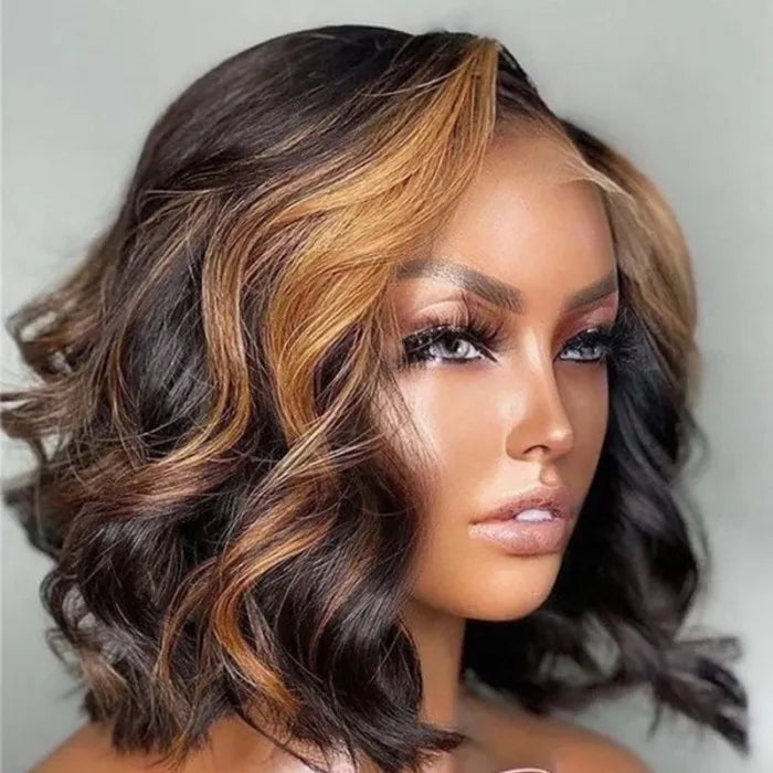 Honey Blonde Skunk Stripe Lace Frontal Bob Human Hair Black Wig with Highlights
