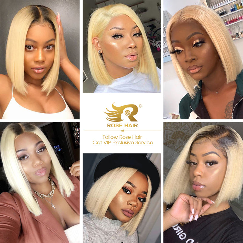 Rose Hair Pre-plucked Real Brazilian Human Virgin Hair 13*4 Transparent Lace Frontal T1b/613 Bob Wig - Rose Hair