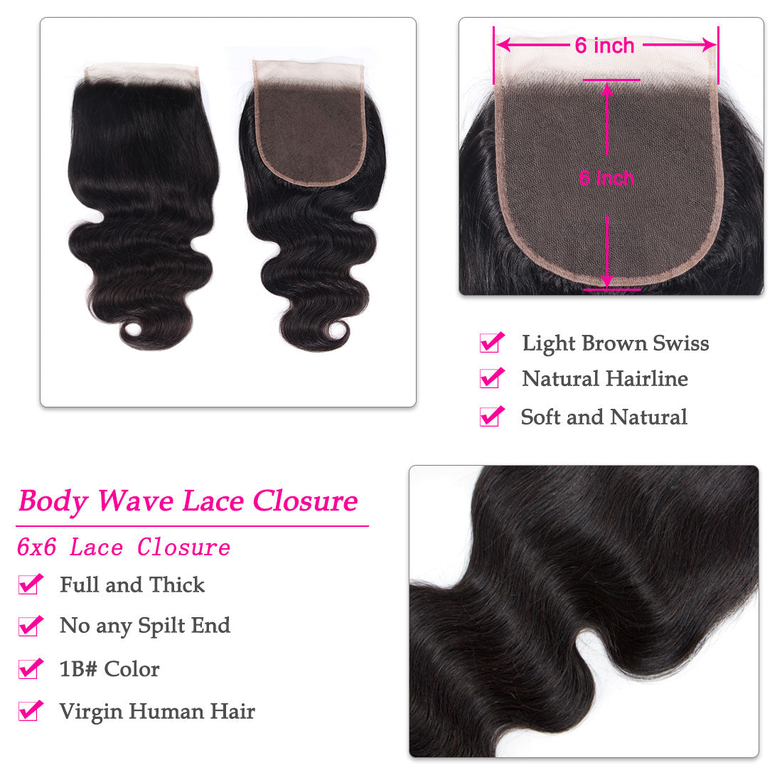 1PCS Brazilian Virgin 6x6 Body Wave Light Brown/transparent Lace Closure New Arrival - Rose Hair