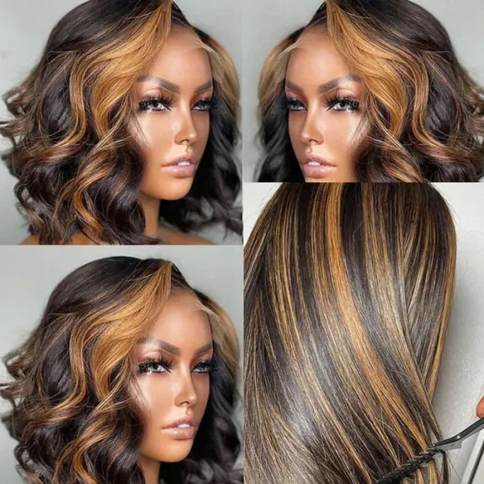 Honey Blonde Skunk Stripe Lace Frontal Bob Human Hair Black Wig with Highlights
