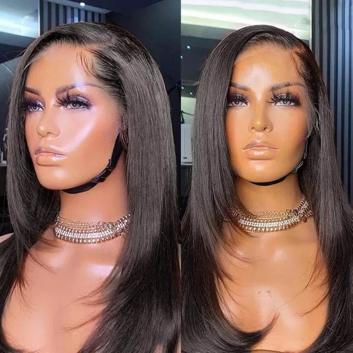 Inner Buckle Cute Straight 13x4 Lace Front Butterfly Haircut Wig With Medium Length Layered Hair