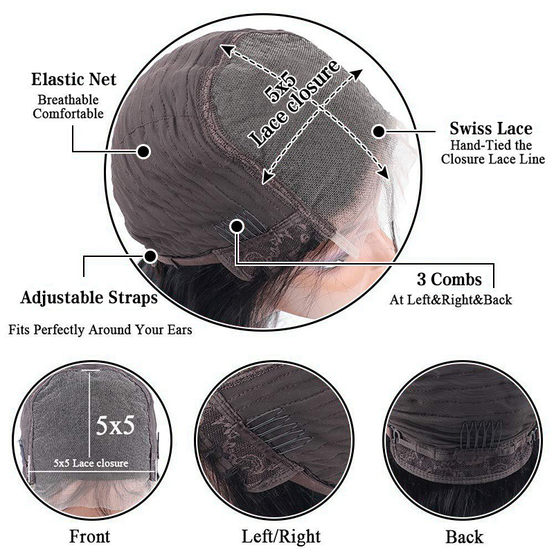 Rose Hair Brown Mix Black/Natural Black C Part Loose Wave 5x5 Lace Closure Wig With Bangs