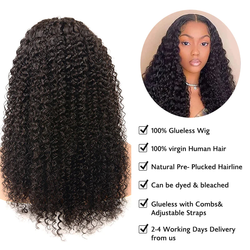 Jerry Curly Pre-Cut 13x4 Lace Closure Real Glueless Wig Pre-Plucked/Pre-Bleached Natural Black Human Hair Wigs