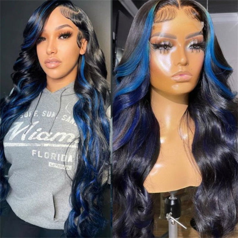 Rose Hair Black with Blue Highlights Skunk Stripe Body Wave 13×4 Lace Frontal Wig
