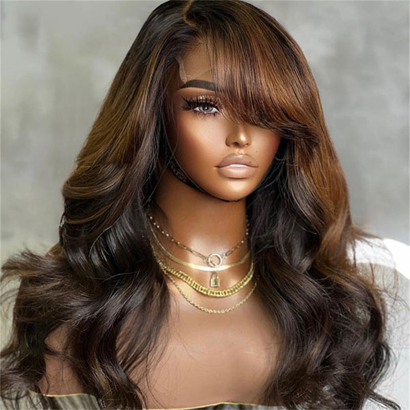 Rose Hair Brown Mix Black/Natural Black C Part Loose Wave 5x5 Lace Closure Wig With Bangs