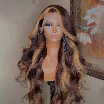 Rose Hair Chocolate Brown Skunk Stripe Straight 13*4 Transparent Lace Frontal Wig