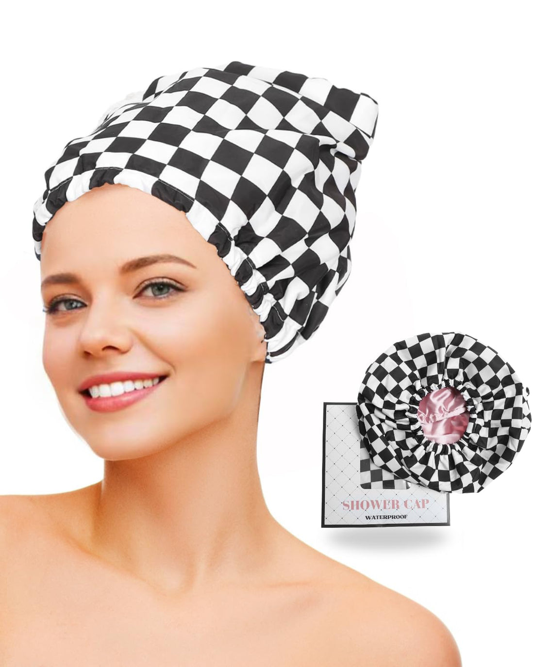 TSHELOVE Shower Cap for Women Terry Lined Bath Cap Large Reusable Waterproof Elastic Band