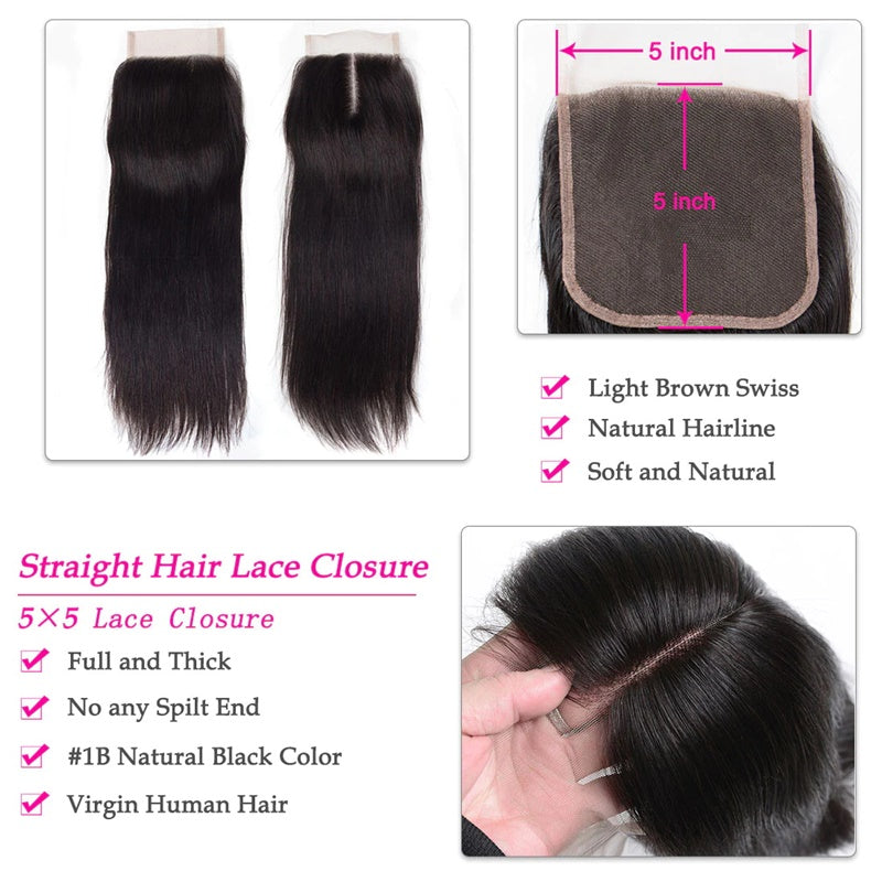 Rose Hair 1Pcs Straight Hair 5x5 Lace Closure Brazilian Virgin Hair