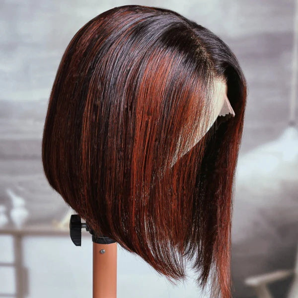 Rose Hair Angled Sleek Reddish Highlights Color Straight Hair 13x4 Lace Bob Wig Human Hair Wig