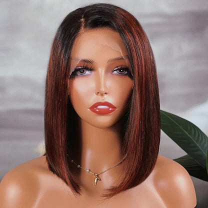 Rose Hair Angled Sleek Reddish Highlights Color Straight Hair 13x4 Lace Bob Wig Human Hair Wig