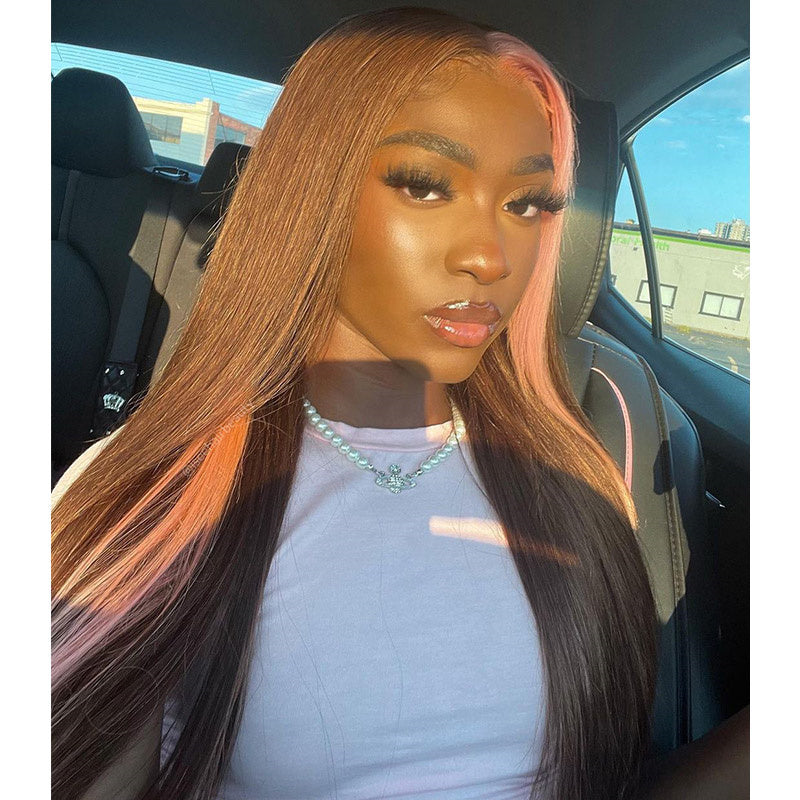 Rose Hair Strawberry Pink & Chocolate Skunk Stripe Color Wig 13*4 Lace Frontal Wig