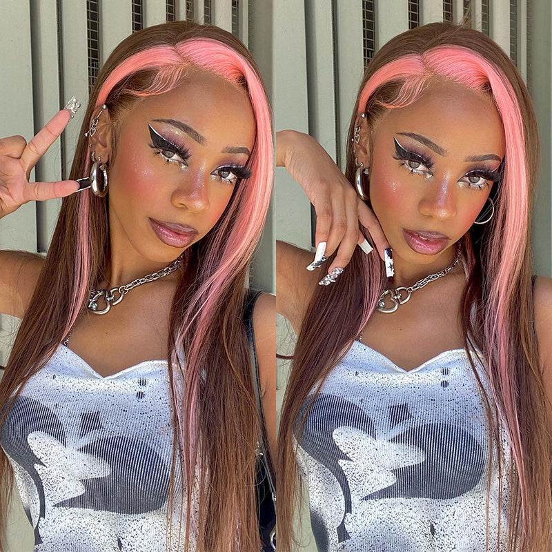 Rose Hair Strawberry Pink &amp; Chocolate Skunk Stripe Color Wig 13*4 Lace Frontal Wig