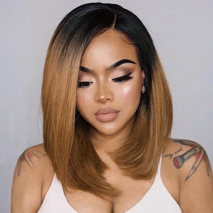 Rose Hair Middle Part Honey Brown Ombre Straight Bob Lace Frontal Wig - Rose Hair