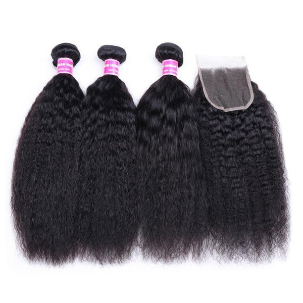 Malaysian Kinky Straight Hair 3 Bundles with 4*4 Lace Closure 100% Human Hair Weaving