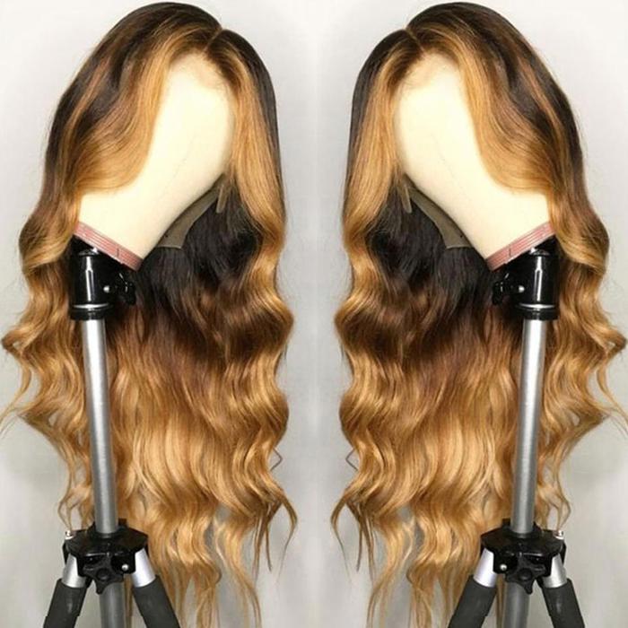 Rose Hair Highlights Ombre Honey Brown Colored Loose Wave Lace Frontal Wigs - Rose Hair